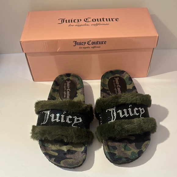 New Juicy Couture Green Camo Fur Slides w/Box - Picture 1 of 5